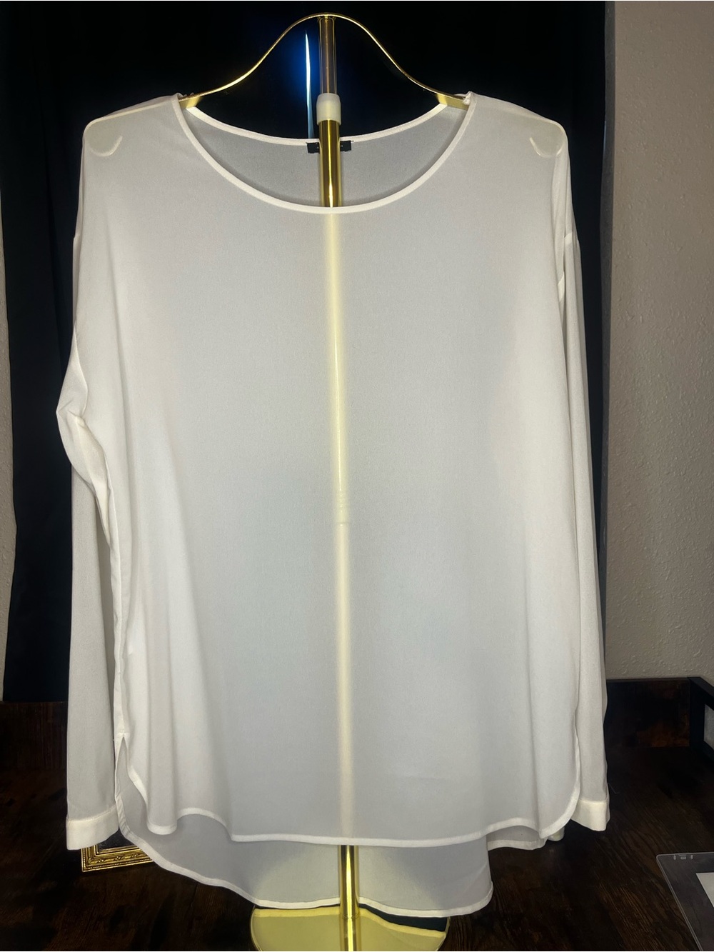 Ann Taylor White Sheer High Low Long Sleeve Blouse Size L